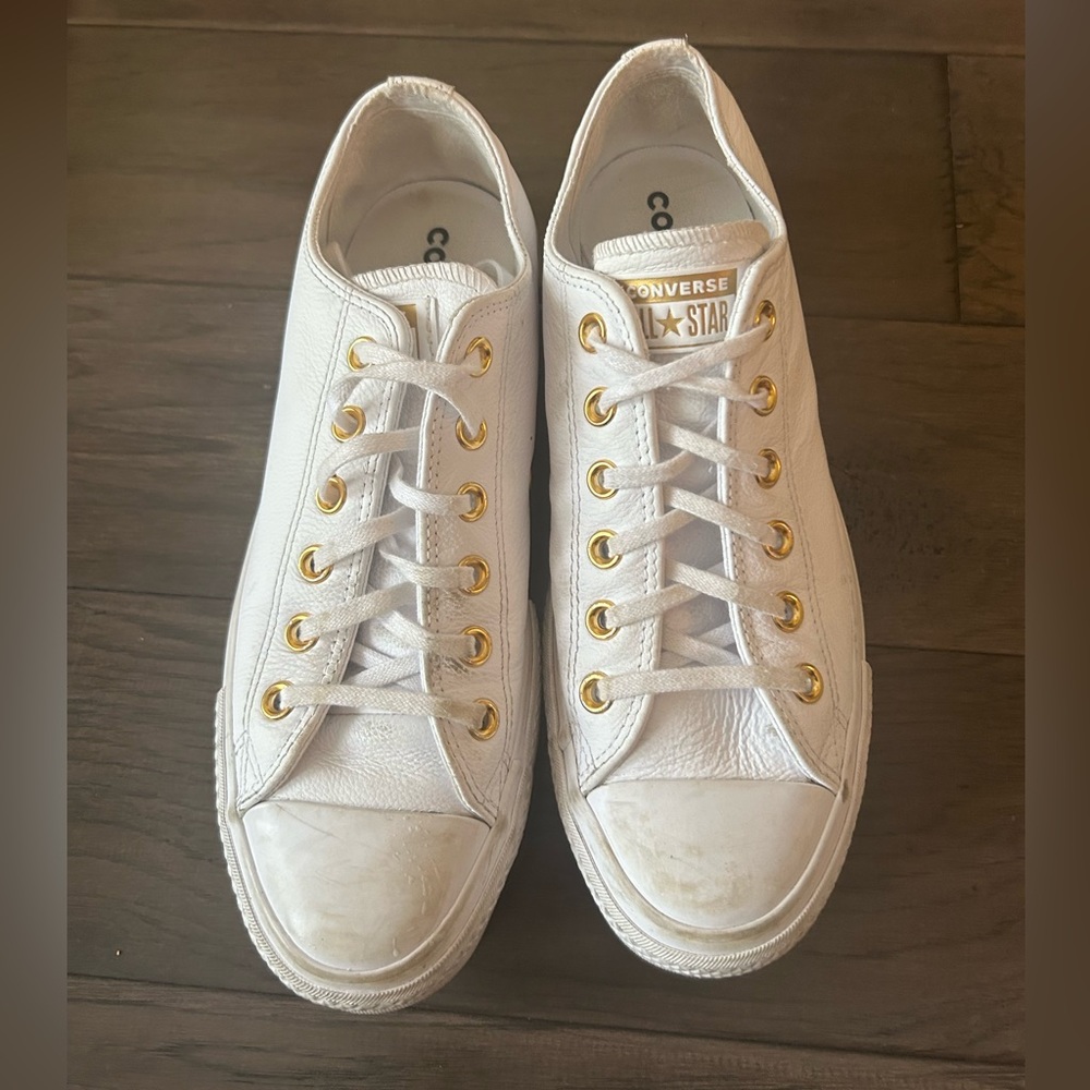 White Leather Converse with Gold Accents